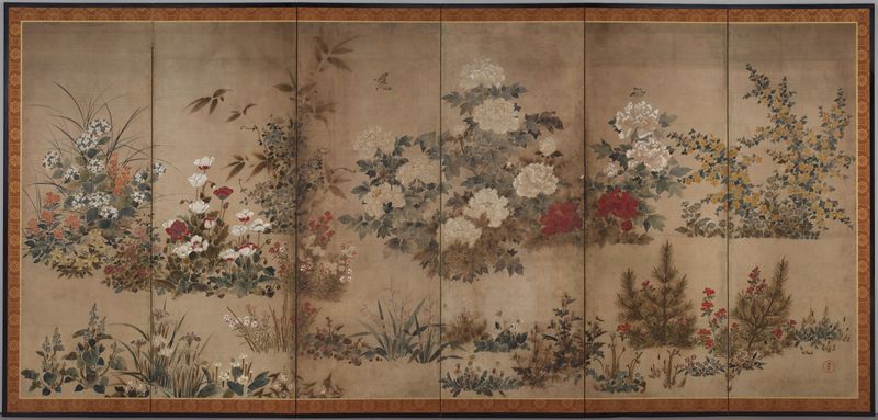 Flores das Quatro Estações de Tawaraya Sōtatsu, meio papel, representando flores sazonais vibrantes