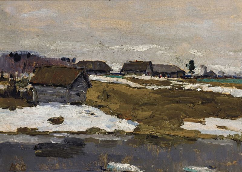 Paisagem de inverno com um rio e árvores nuas, óleo sobre tela de Valentin Alexandrovich Serov