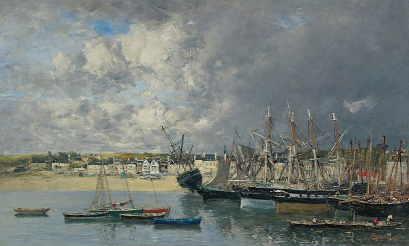 Bateaux À L’ancre Dans Le Port, Portrieux de Eugène Boudin, óleo que muestra barcos anclados en un puerto tranquilo.