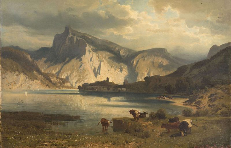 Landscape with a Lake, oil on canvas by August Schaeffer von Wienwald, featuring a serene lake at dawn.