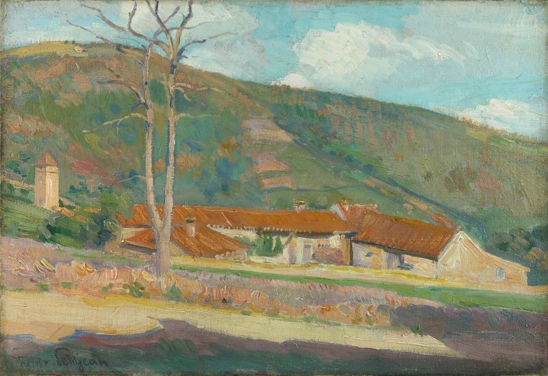 Landscape by Hippolyte Petitjean, Post-Impressionism, depicting gentle hills and a pastel sky.