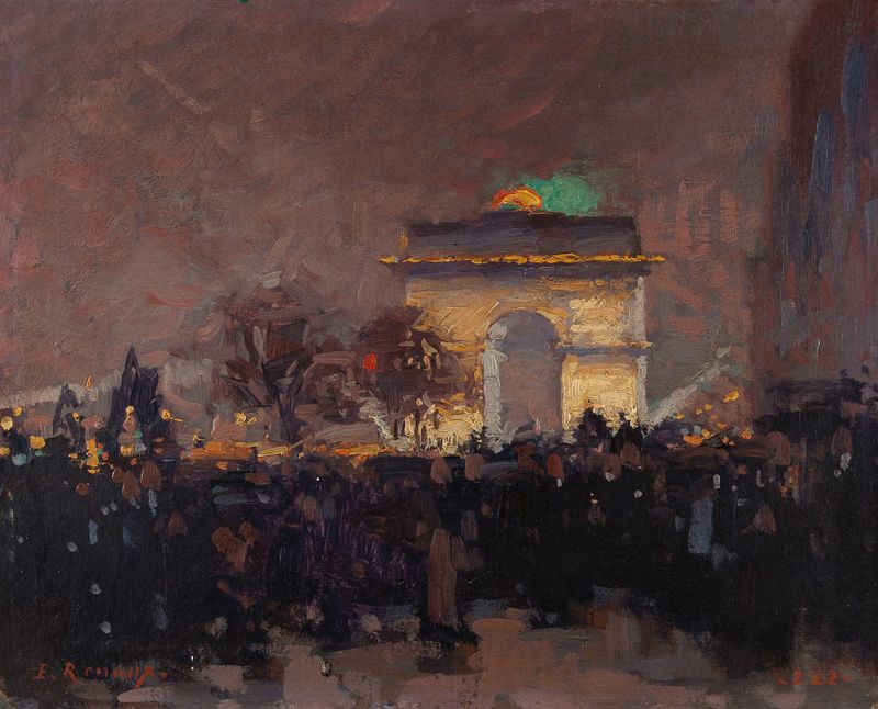Historical scene of the casket under the Arc de Triomphe, oil on canvas by Ernest Jules Renoux