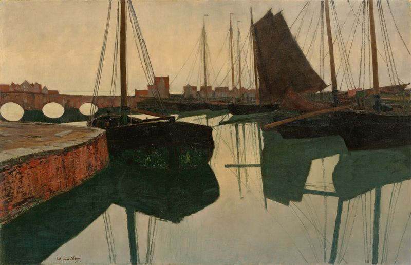 Hafen by Walter Leistikow, oil on canvas depicting boats in a harbor.