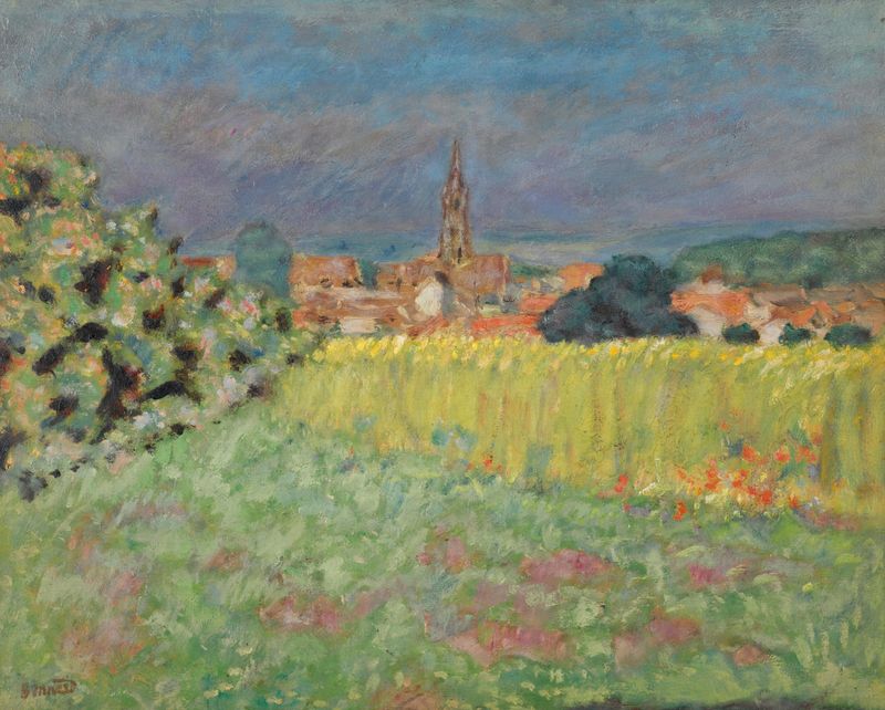 Wheat field and church in Le Champ De Blé Devant L’église by Pierre Bonnard, oil on canvas