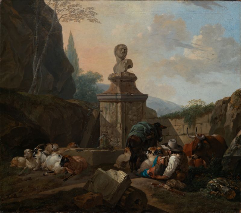Genre scene oil painting by Johann Heinrich Roos depicting a shepherd by a Roman fountain.