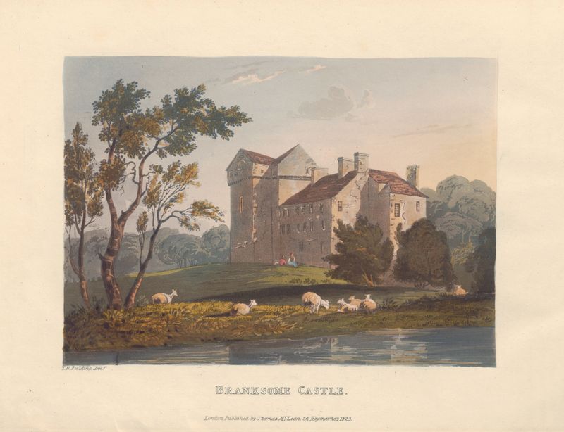 Branksome Castle by Theodore Henry Adolphus Fielding, oil on canvas, featuring a river and sunset.