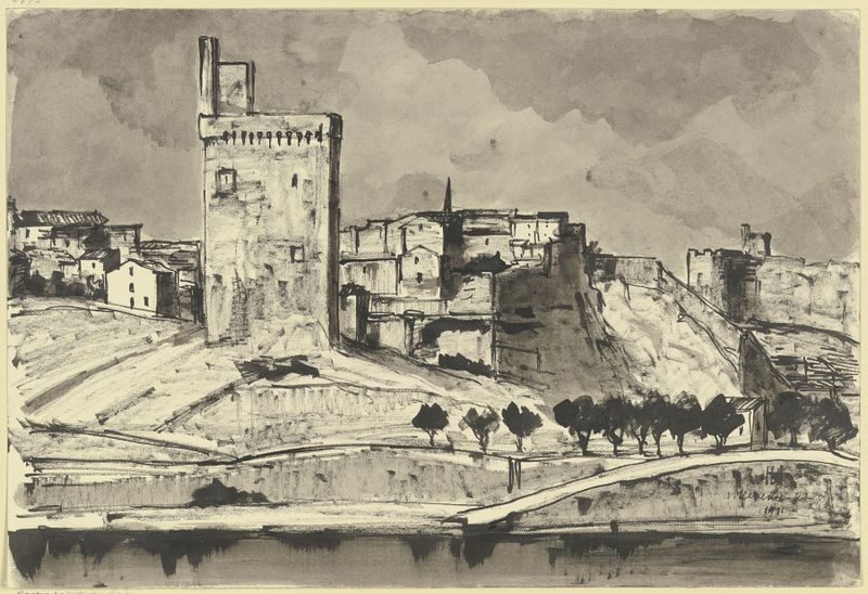 Villeneuve-les-Avignon de Hermann Lismann, óleo sobre tela que retrata uma paisagem de vila tranquila.
