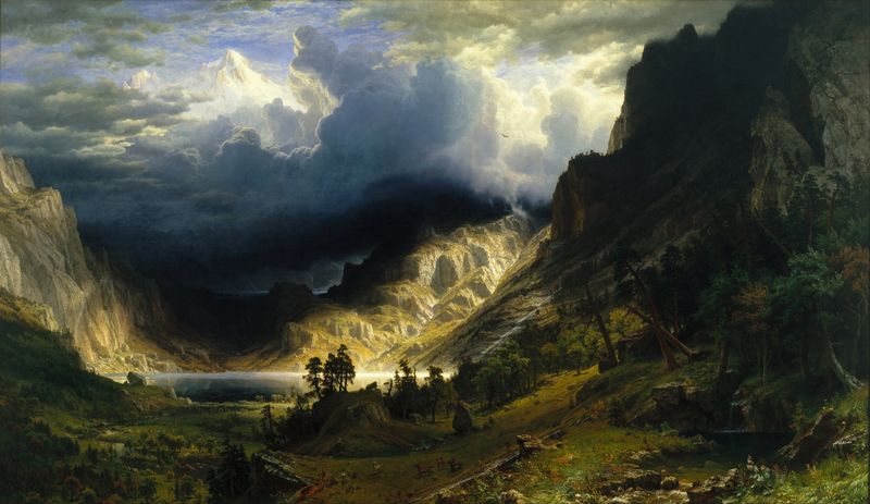 Stormy landscape with mountains and clouds, oil painting by Albert Bierstadt.