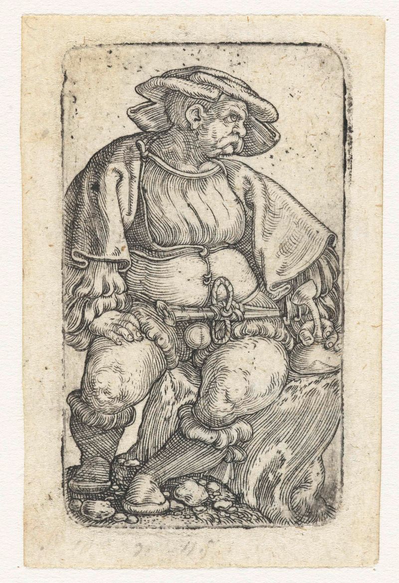 Engraving by Barthel Beham depicting a soldier sitting on a tree stump