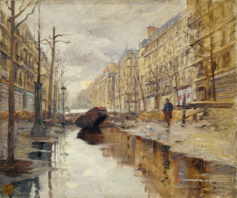 Pintura a óleo de Alexandre Bloch retratando as inundações de 1910 em Paris