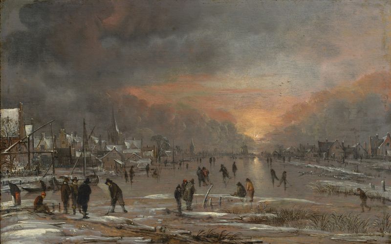 Sports on a Frozen River de Aert van der Neer, pintura a óleo com patinadores no gelo.