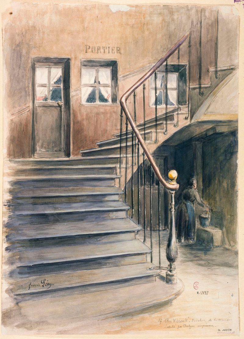 Interior scene with a staircase illuminated by soft light, oil painting by Frédéric Léon