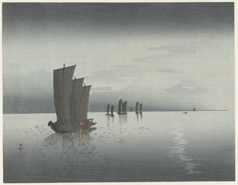 Fishing boats on water, woodblock print by Ohara Koson