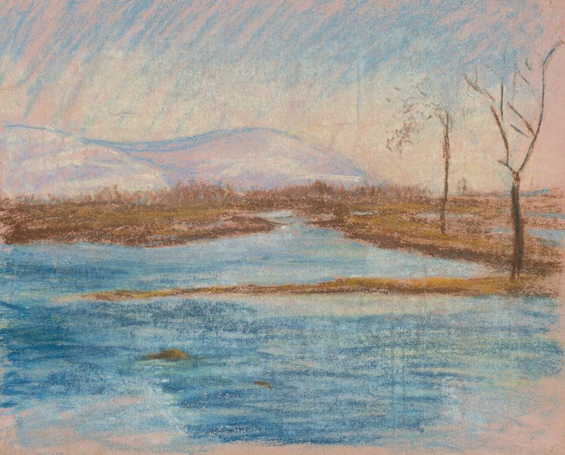 Winter Landscape de Ladislav Mednyánszky, pintura al óleo de un paisaje nevado con colinas.