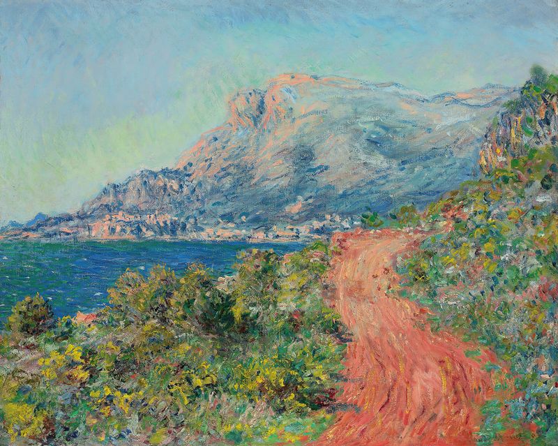 La route rouge près de Menton de Claude Monet, pintura al óleo de un camino vibrante y vegetación exuberante.