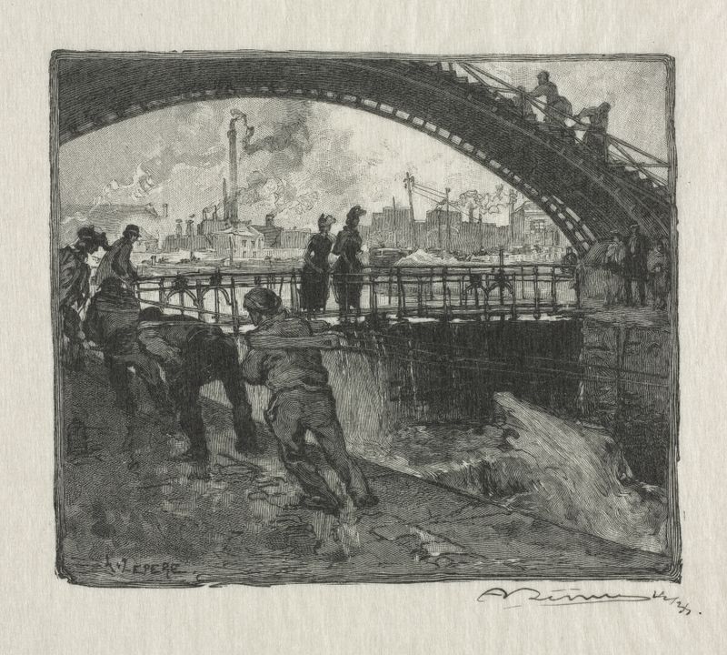 El Lock del Canal de San Martín grabado de Auguste Louis Lepère que muestra un atardecer sobre aguas tranquilas