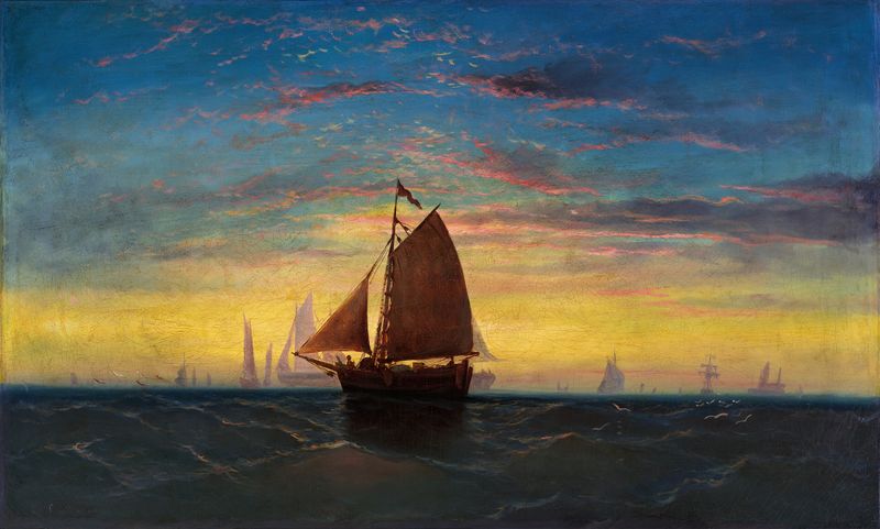 Boston Harbor de Charles Manger, pintura a óleo que retrata água calma e navios distantes.