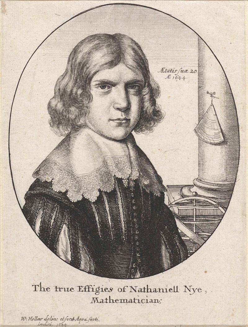 Retrato de Nathaniel Nye, grabado de Wenceslaus Hollar, mostrando detalles intrincados y luz.