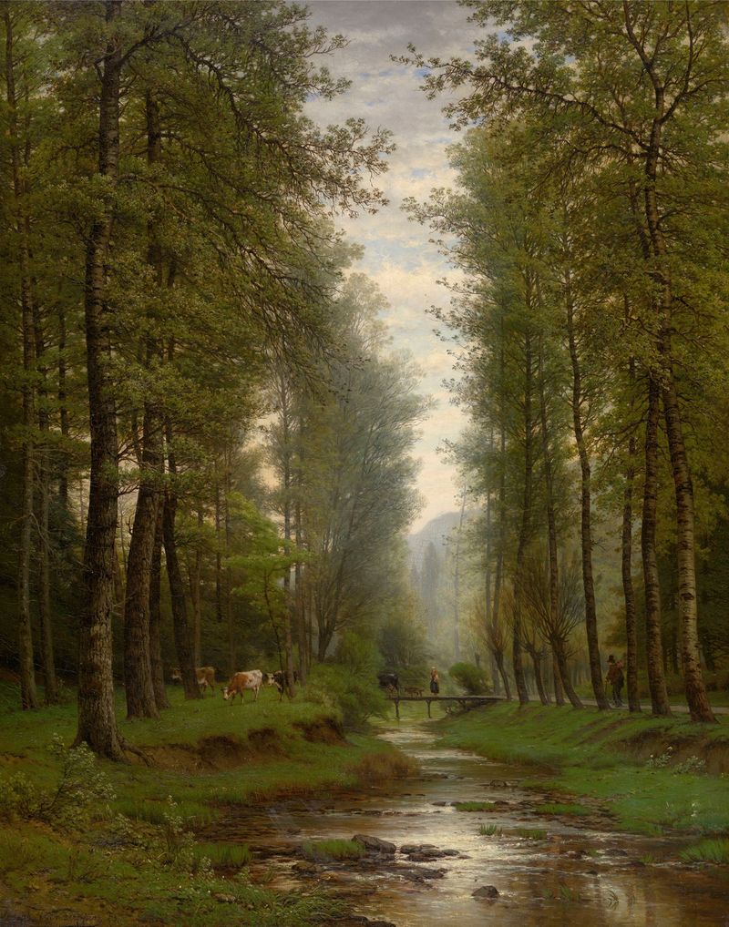 Brook in the Forest, oil painting by Joseph Van Luppen, depicting a serene brook in a lush landscape.