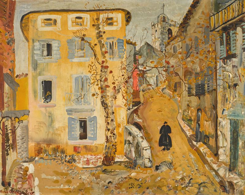 Street Scene in a Provincial Town by Boris Grigoriev, oil on canvas depicting a vibrant town scene with figures.