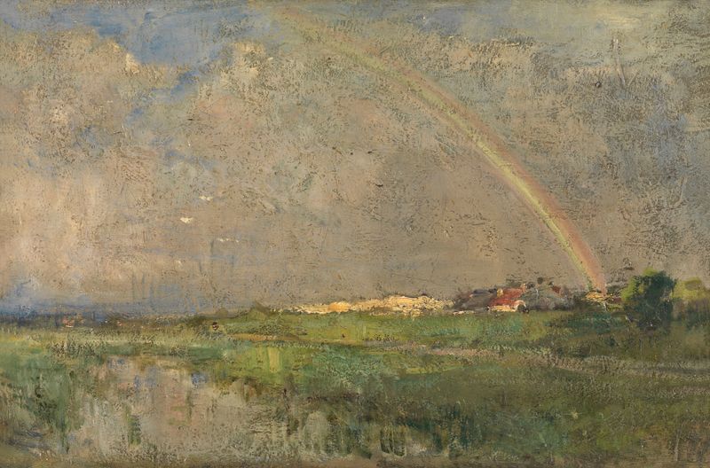 Pintura a óleo de paisagem vibrante de Guillaume Vogels com cores em espiral.