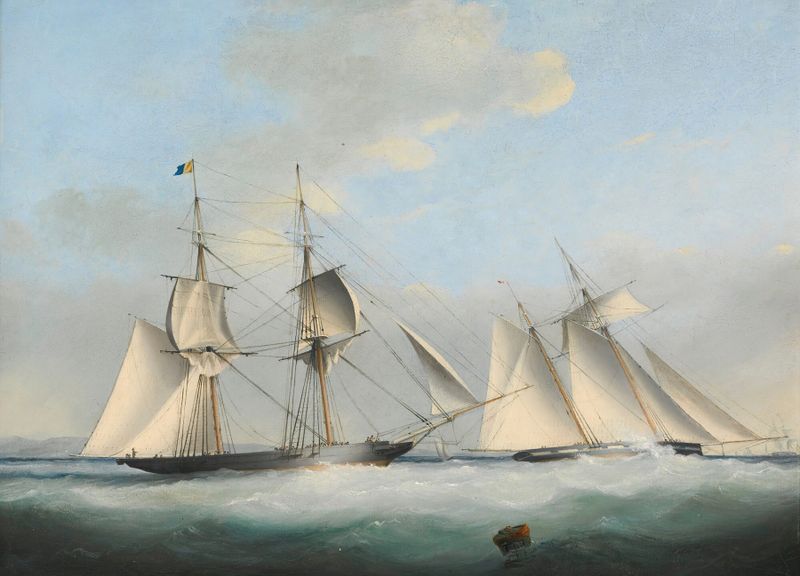 A schooner yacht sailing on the ocean, oil painting by Nicholas Matthew Condy