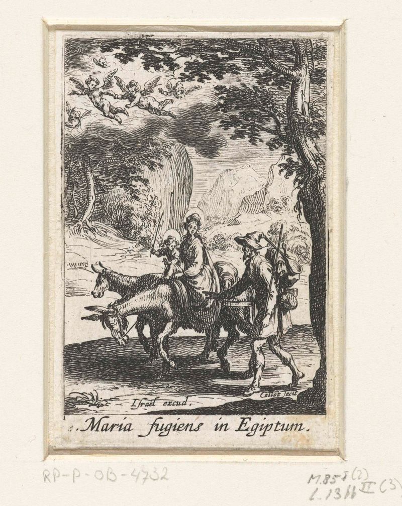 Vlucht naar Egypte de Jacques Callot, gravura mostrando uma família em uma paisagem desolada