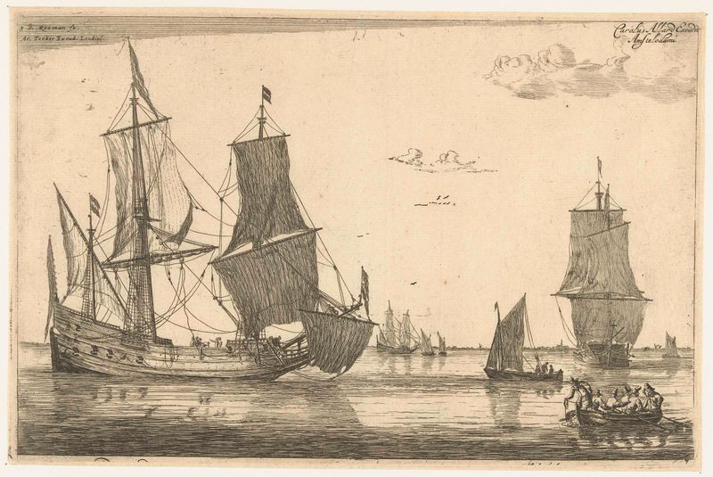 Grabado de Reinier Nooms que representa un fluitschip navegando en aguas tranquilas