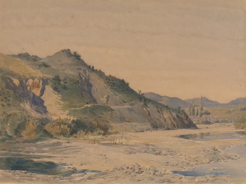 Hilly landscape oil painting by Friedrich Carl von Scheidlin featuring undulating hills and a vibrant sky.