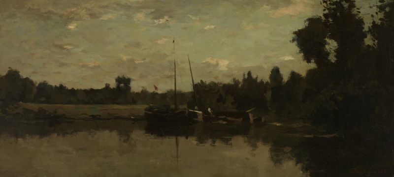 Landschap met schepen op een rivier en la tarde, óleo sobre lienzo de Charles François Daubigny