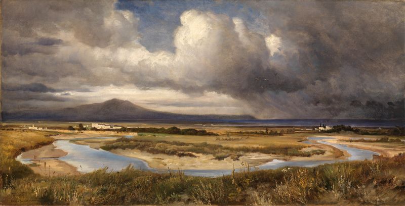 Pintura de paisaje al óleo de Edmund Kanoldt con colinas y un cielo sereno.