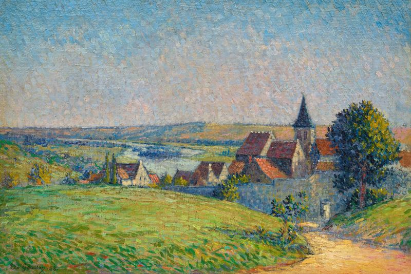 Landscape of Triel-sur-Seine by Léo Gausson, oil on canvas, featuring a shimmering river.