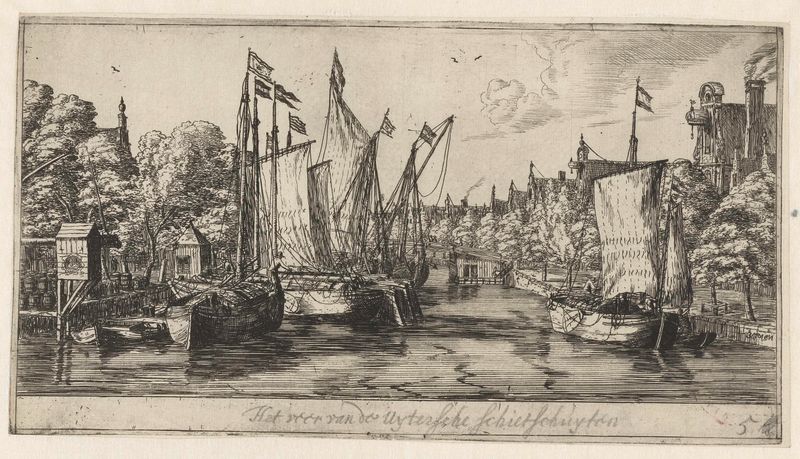 Gravura de Reinier Nooms mostrando barcos ao pôr do sol sobre a água