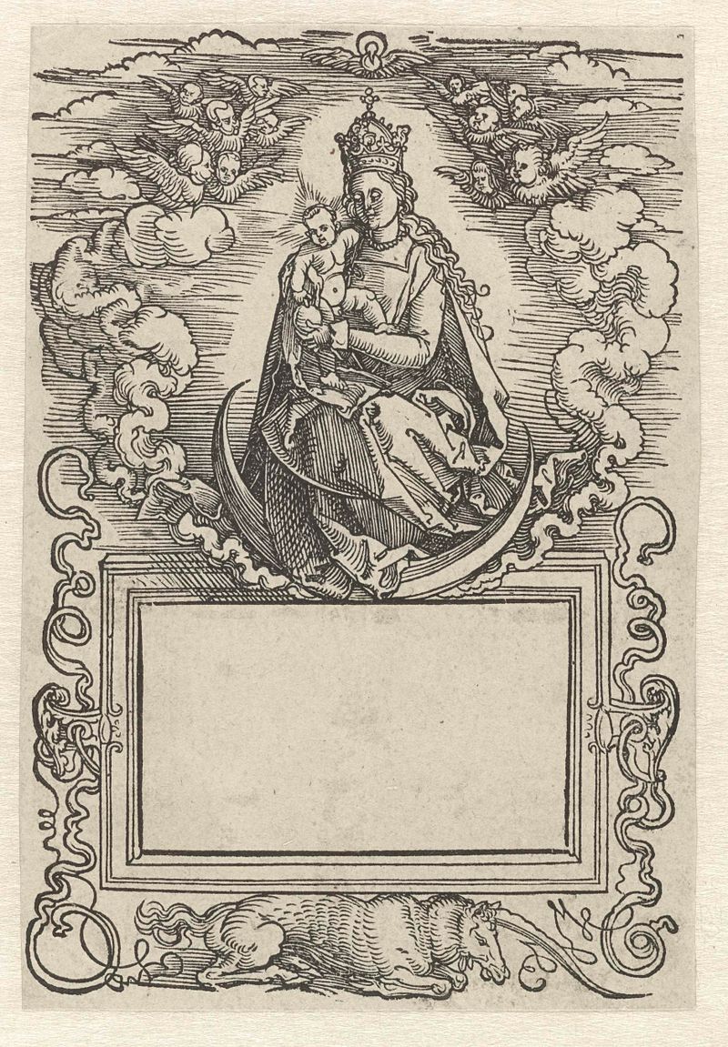 Religious etching of Mary with child on a crescent moon by Hans Springinklee