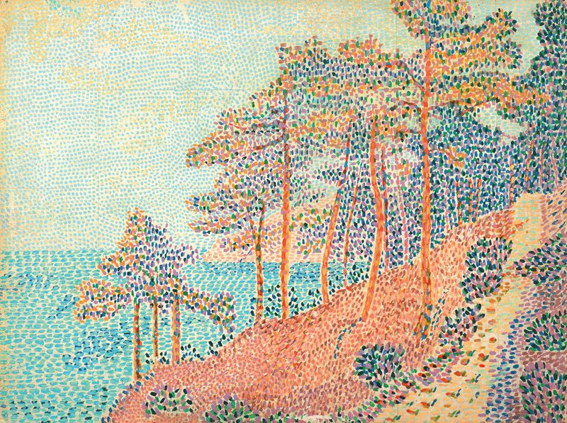 Pintura de paisaje al óleo de Henri Person con un camino que lleva al mar