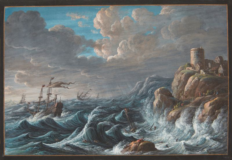Escena marina con barcos en aguas tormentosas de Margaretha Barbara Dietzsch, pintura al óleo