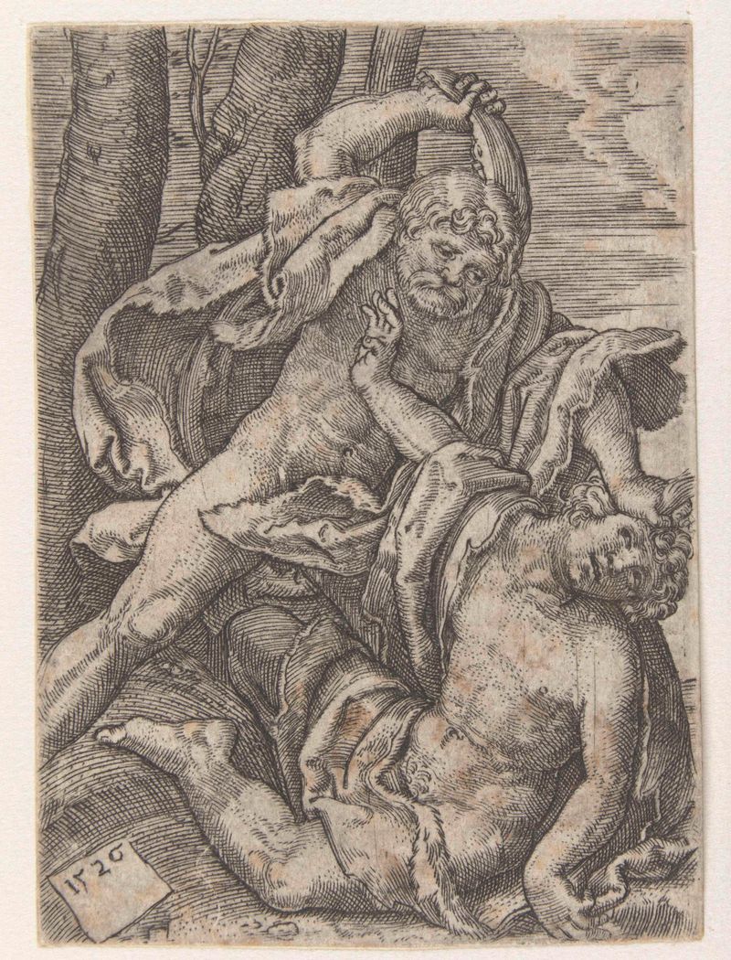 Grabado de Jacob Binck que representa a Caín matando a Abel, destacando sombra y emoción.