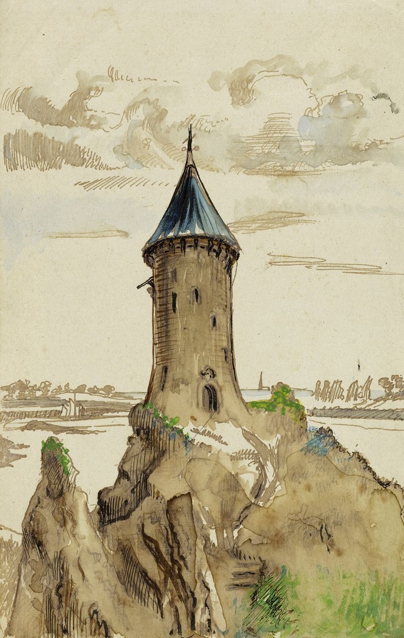 Landscape of a castle by Arthur-Joseph Gueniot, oil on canvas