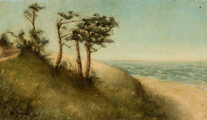 Pine trees at the seaside, oil on canvas by Marie Ibsen Jensen