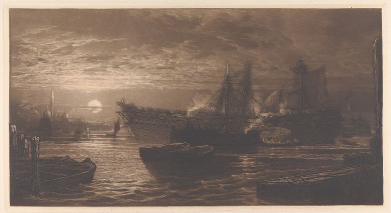 Grabado de Francis Seymour Haden que muestra un barco en mares tormentosos