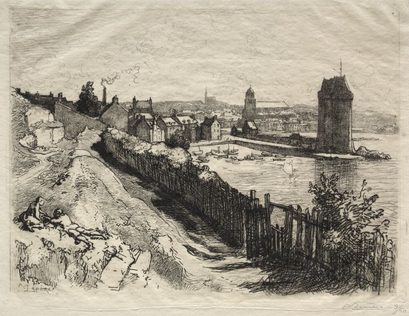 Escena marina con aguas tranquilas y barcos de Auguste Louis Lepère, pintura al óleo