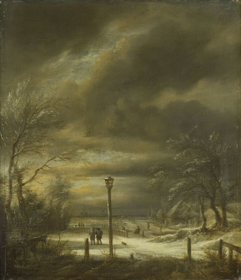 Paisagem de inverno com um poste de luz, óleo sobre tela de Jacob van Ruisdael
