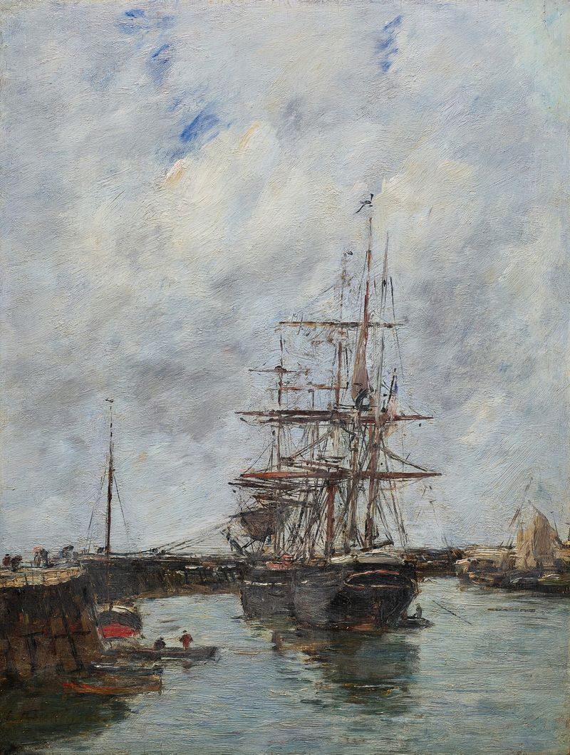 Oil on canvas by Eugène Boudin depicting waves and clouds over a jetty