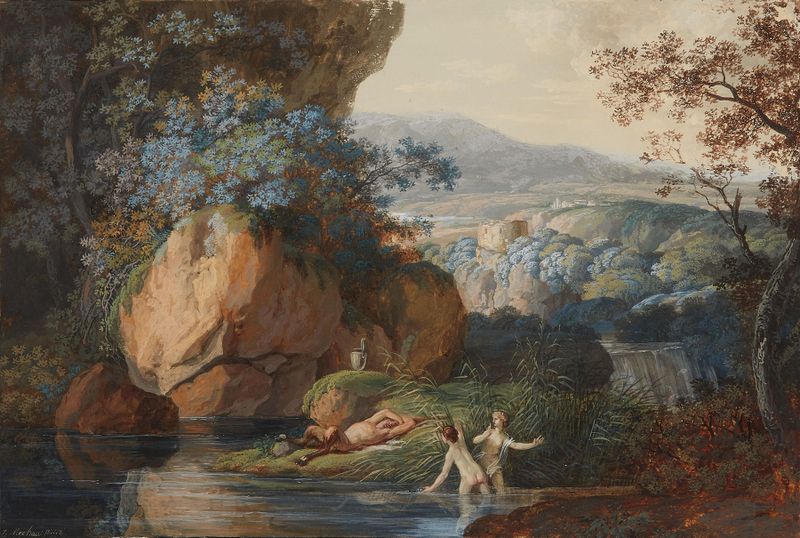 Pintura rococó de Jacob Wilhelm Mechau que muestra un fauno y bañistas en un paisaje tranquilo.