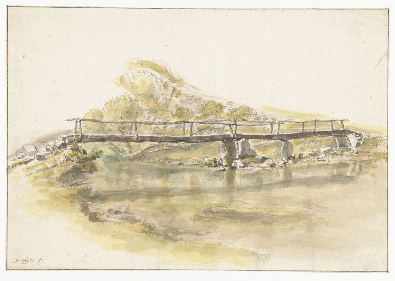 Landscape with a wooden bridge, trees, and water by Gillis Neyts, oil painting