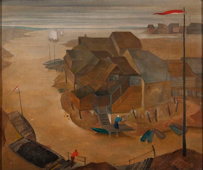 Obra figurativa de Walenty Romanowicz, que representa una figura solitaria en una paleta apagada.