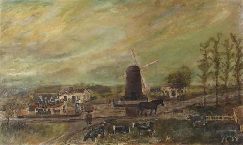 Pintura a óleo de Frank E. Case apresentando um moinho contra o céu