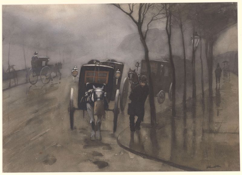 Wachtende rijtuigen, Londen by Willem Witsen, oil painting depicting waiting carriages in London.