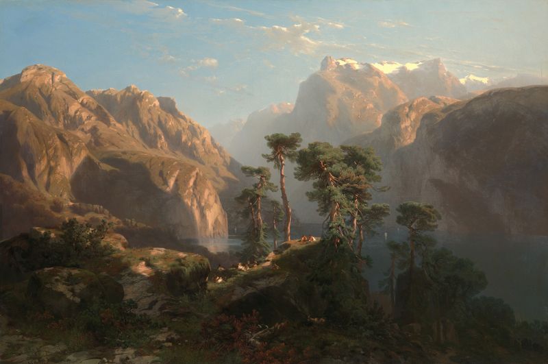 Vierwaldstätter See by Alexandre Calame, oil painting of a lake surrounded by mountains.