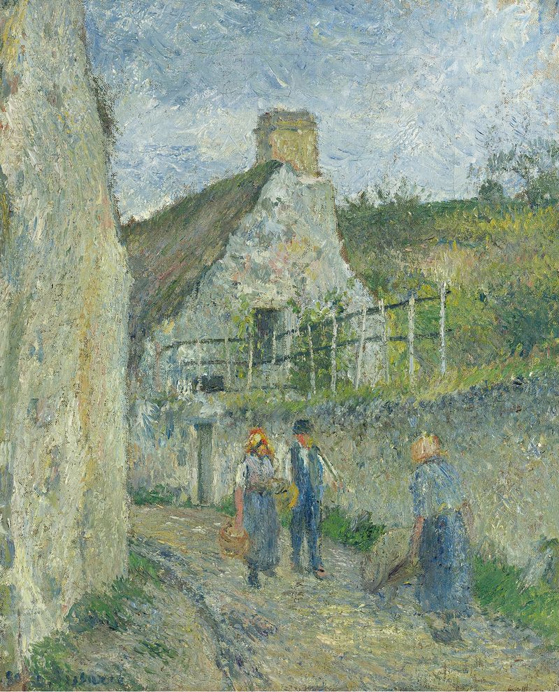 Oil painting by Camille Pissarro showing a pathway through trees with dappled light.